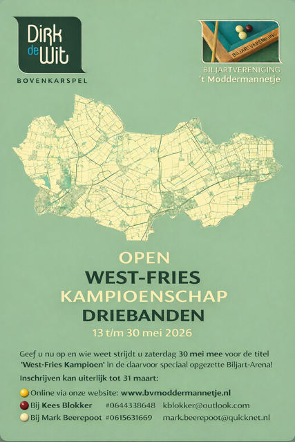 West-Fries Kampioenschap Driebanden 2026 West-Fries Kampioenschap Driebanden 2026